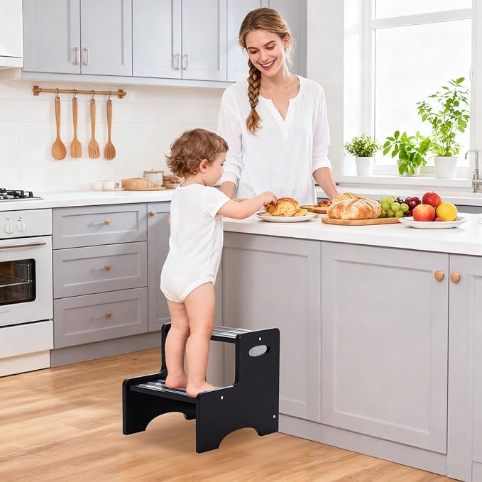 Wooden Toddler Step Stool for Kids, Two Step Stool with Non-Slip Pads & Handles, Potty Training Stool for Bathroom Sink, Toilet, Kitchen, Bedroom (Black)