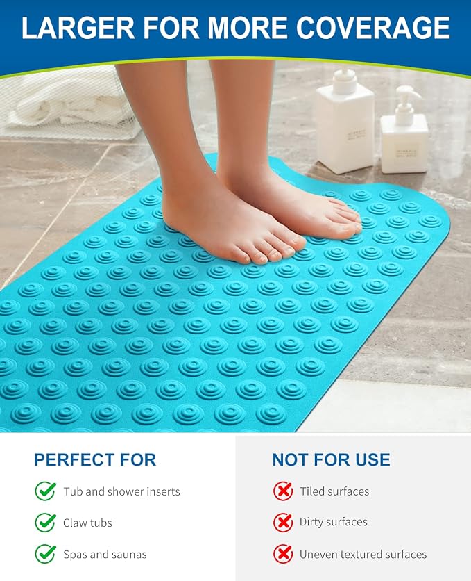 Bligli Bathtub Mat Non-Slip Without Suction Cups, 39x16inch Extra Long Bath Mats for Shower Bathroom, Machine Washable Natural Rubber Shower Tub Mat (39x16inch, Blue)