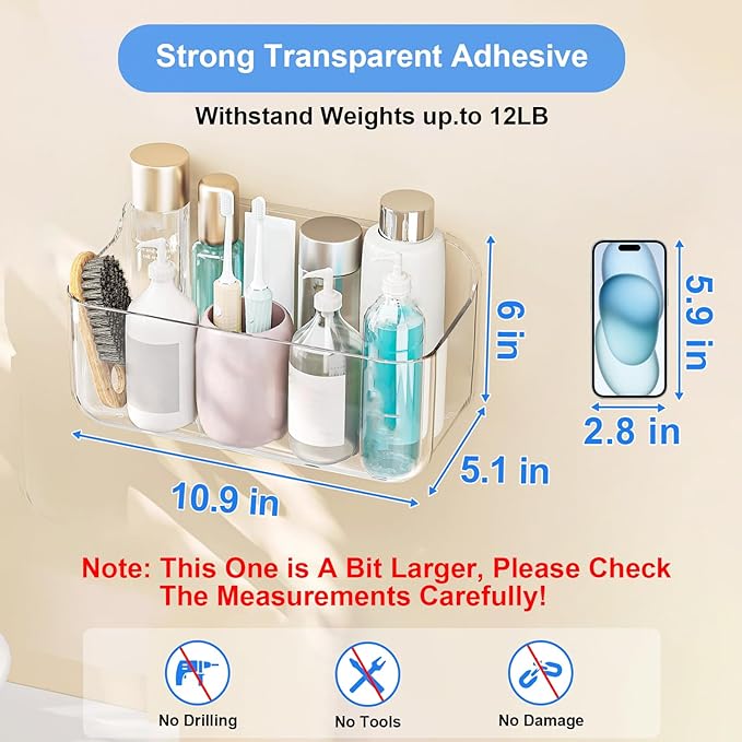 Diesisa Acrylic Wall Mount Organizer - 5.1" D x 10.9" W x 6" H, Large Size Adhesive Wall Self - Shower Caddies Organizer - Bathroom Shelves with Self Adhesive Tape for Bathroom, Kitchen - Large Size