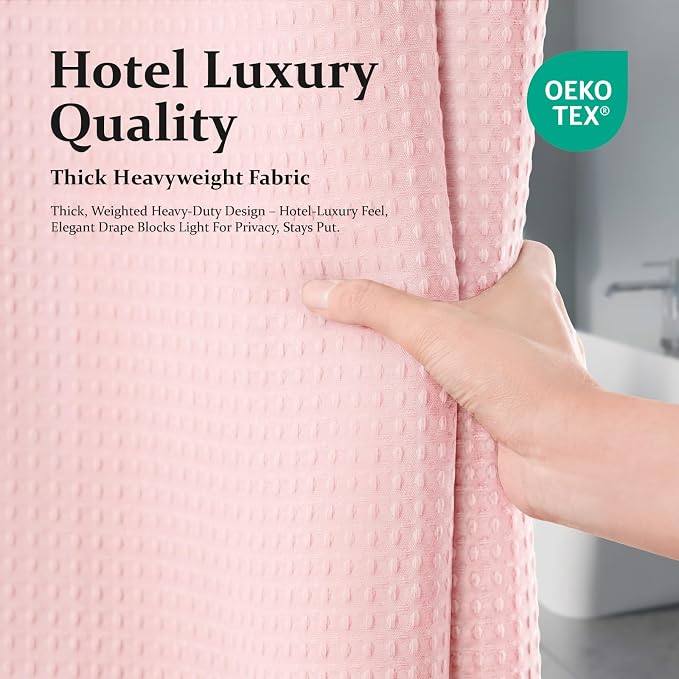 Dynamene Pink Fabric Shower Curtain - Waffle Weave Textured Heavy Duty Cloth Shower Curtains for Bathroom, 256GSM Hotel Luxury Weighted Bath Curtain Set with 12 Hooks,72x72, Pink