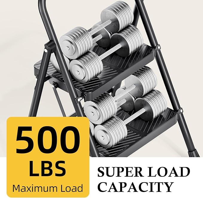 Urackify 2 Step Ladder, Folding Ladder for Multi-Purpose, Home, Kitchen, Heavy Sturdy Steel Portable Step Stool with Handrail, Safe-Lock Design, Anti-Slip Wide Pedals, Pass 500lbs Load Testing, Black
