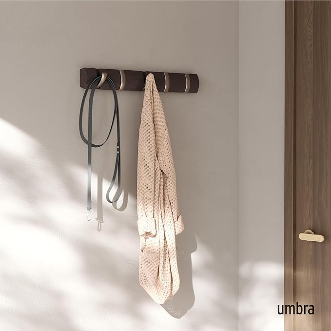 Umbra Flip Wall-Mounted Coat Rack with 5 Hooks – Modern, Space-Saving Storage for Hats, Jackets, Bags, Entryway, Mudroom, Closet, Bathroom, Bedroom – Driftwood/Nickel