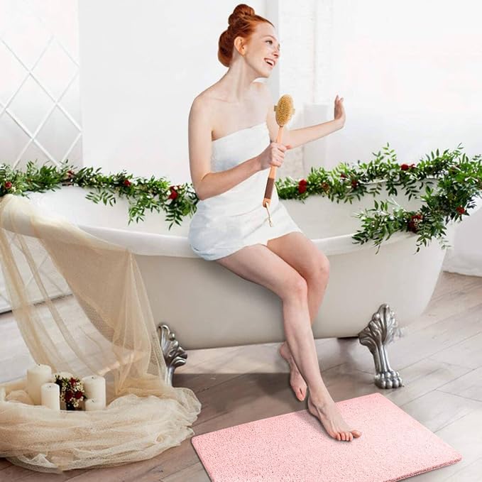 godehone Shower Mats Non Slip Without Suction Cups, PVC Loofah Bathroom Mats, Loofah Mats for Shower and Bathroom, Quick Drying, 23.6× 34.6 Inch, Pink