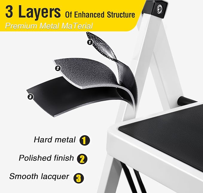 2 Step Stool, Folding Step Stool - Capacity with Wide Anti-Slip Pedal, Portable Steps Stool for Adults Multi-Use for Household, Kitchen, Office (Matte White)