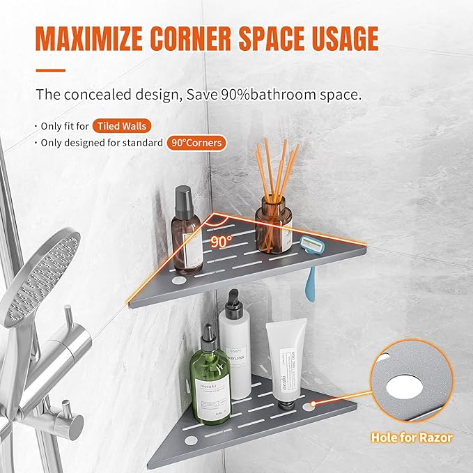 Corner Shower Shelves with Rozar Hole,Rustproof Stainless Steel Shower Caddy Organizer Modern Sturdy Corner Shelf for Shower,10" Large Capacity No-Drill Rack Storage Bathroom Accessories,Sliver