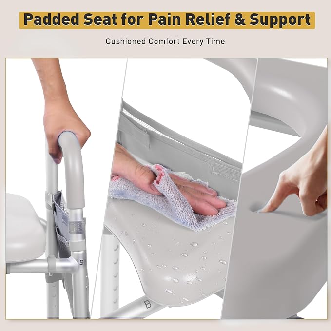 WHLICKS 500lbs Raised Toilet Seat with Handles – Adjustable Width Elevated Seat, Cozy Padded Toilet Seat Risers for Seniors, Handicap & Disabled, Fits All Toilets, Gray