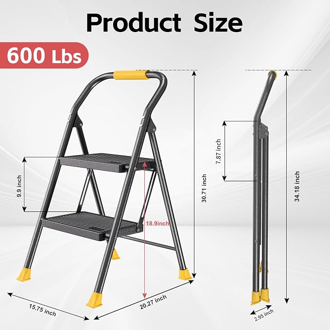 Foldable 2 Step Step Ladder with Handrails for Home Adults, Heavy Duty 600Lbs Extension Tall Stool for Indoor Kitchen Closet
