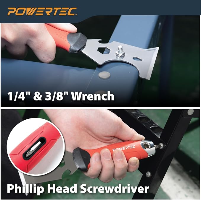 POWERTEC 9-in-1 Painter's Tool w/ 3 Inch Stainless Steel Putty Knife | Straight Scraper, Grout Remover, Roller Cleaning, Can Opener, Bottle Opener, Nail Puller, Screwdriver, 3/8" & 1/4" Wrench (72067)
