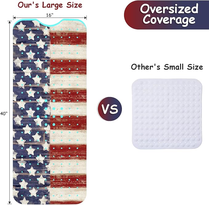 Bathtub Mat Non Slip, American Flag Extra Long Bath tub Mat Shower Floor Mat with Suction Cups and Drain Holes for Adults Kids Elderly 40 X 16 Inch