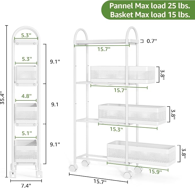 KINGRACK 4-Tier Slim Storage Cart with 3 Pull Out Basket, Rolling Bathroom Organizer Utility, Metal Shelving Unit Slide Out, Lockable Wheels, Easy Assembly for Narrow Place, Kitchen, Office, White