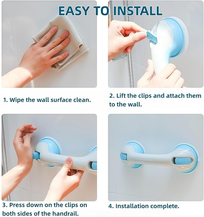 2-Pack 12In Suction Cup Grab Bar for Shower-Heavy Duty Removable Bathroom Safety Handle for Seniors, Elderly, Disabled - No Drill Waterproof Shower Grab Bars Suction-Fits Tile, Glass & More (Black)