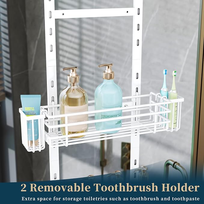 Consumest Over The Door Shower Caddy - 5 Tier Adjustable Shower Organizer Hanging with 2 Toothbrush Holders & 4 Hooks, Rustproof Organizer Shelf, Storage Rack for Bathroom, White