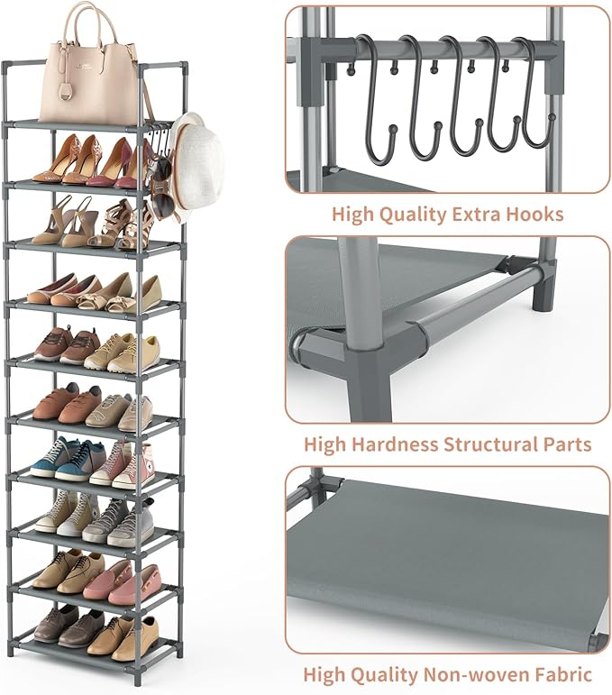 LANTEFUL 10 Tiers Tall Shoe Rack 20-25 Pairs Boots Organizer Storage Sturdy Narrow Shoe Shelf for Entryway, Closets with Hooks, Grey