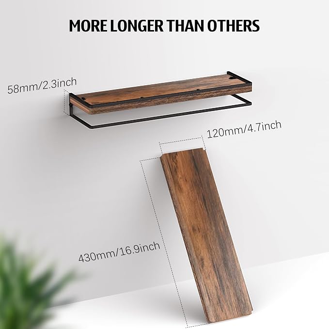 Meangood Floating Shelves Wall Mounted Set of 2, Towel Bar Rustic Wood Wall Storage Shelves for Bedroom,Living Room,Bathroom, Kitchen Rustic Brown