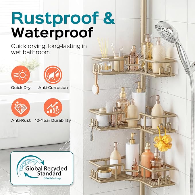 HAMITOR No Drilling Shower Rack: Tension Pole Corner Bathroom Accessories with Hooks - 4-Tier Adjustable Rustproof Shelves - Renter-Friendly Space-Saving Caddy for Family & Apartment 47-123 Inch Khaki