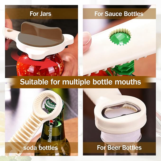 2026 Adjustable 4‑in‑1 Jar Opener with Red Wine Corkscrew & 2 Can Opener, Jar Opener for Seniors and Weak Hands, Perfect for Kitchen Jars, Bottles & Beer Caps (Beige)