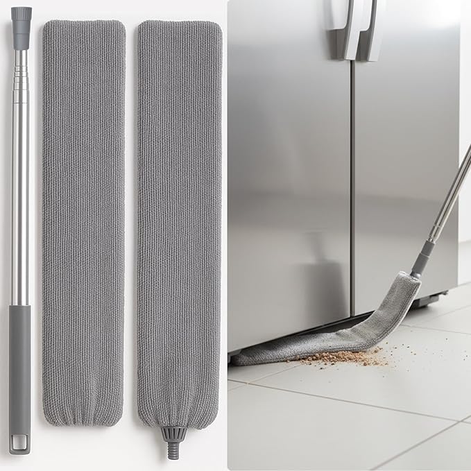 Flat Gap Dust Cleaner with Extendable Pole, Bafezoze Retractable Under Appliance Duster with 2 Washable Microfiber Pads, Slim Flexible Gap Mop for Cleaning Under Bed Sofa Cabinet Refrigerator Gray