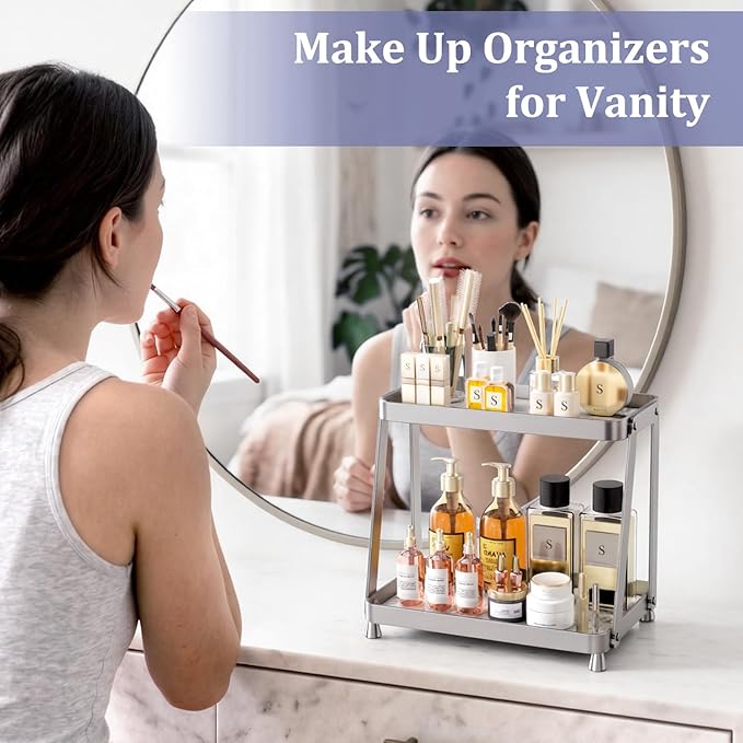 Bathroom Counter Organizer - 2-Tier Acrylic Makeup Organizer Countertop with Marble Tray, Perfume Organizer & Vanity Organizer, Bathroom Organizers and Storage for Skincare, Toiletries, Silver