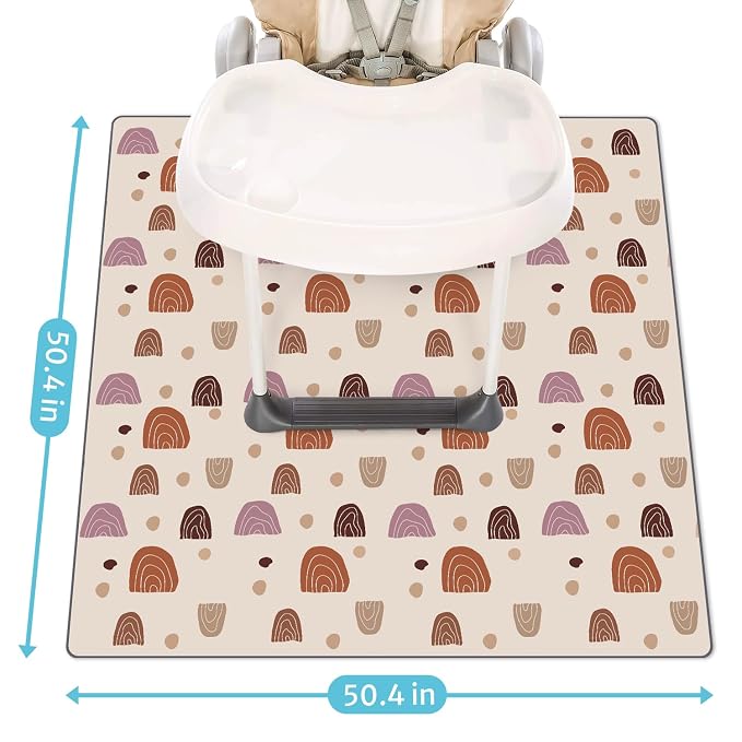 Blissful Diary Baby Splat Mat for Under High Chair, 50.4 x 50.4 Inch Wipeable Splash Mat, Waterproof and Washable, Anti-Slip Floor Protector, Boho Rainbow