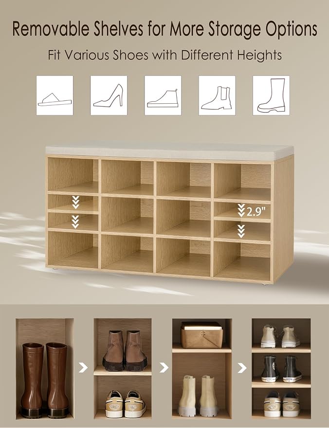 DINZI LVJ Shoe Storage Bench with Cushion, 12-Cubby Shoe Rack, Adjustable Shelves, 40.9" Long Shoe Organizer Bench for Entryway, Mudroom, Hallway, Garage, Natural and Cappuccino Beige