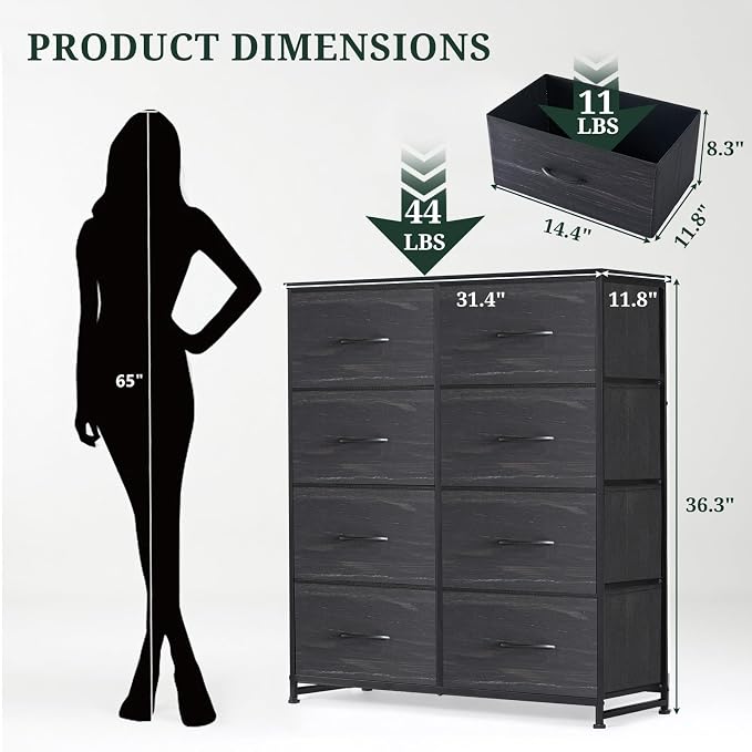 8-Drawer Dresser for Bedroom, Anti-Tip Tall Storage Organizer Chest of Drawers with Wooden Top and Metal Frame Fabric Bins for Closet, Living Room, Hallway, Entryway, Charcoal Black