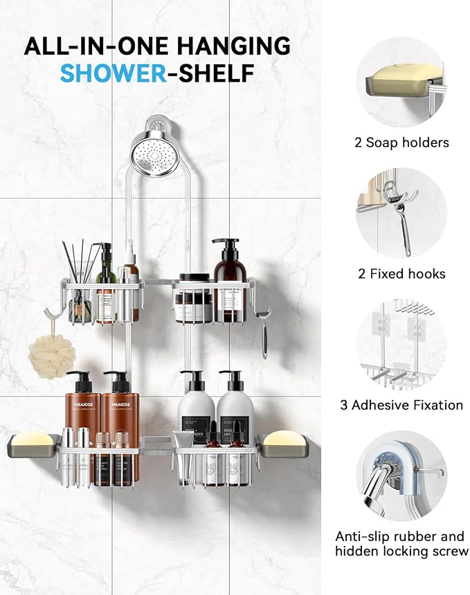 Adjustable Shower Caddy Hanging - Never Rust Shower Organizer Hanging, Aluminum Shower Racks for Inside Shower - Bathroom Organizers and Storage with 2 Soap Holders and 2 Removable Hooks, Silver