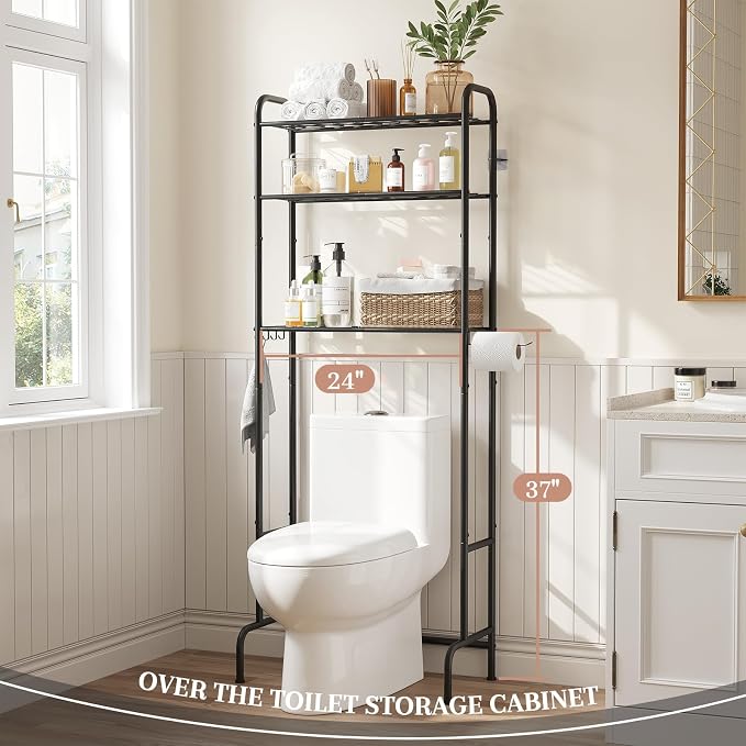 STDDRE 3-Tier Over The Toilet Storage Space Saver with Paper Holder Freestanding Rack Metal Bathroom Shelves with Hooks Above The Toilet Storage Shelf (Black, 3 Tier)