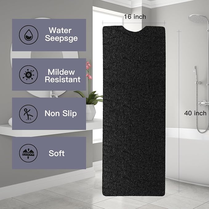 Bathtub Mat Non Slip Shower Mat Soft PVC Loofah Bath Tub Mats with Drain for Bathroom Tub 40 x 16 Inch (Black)