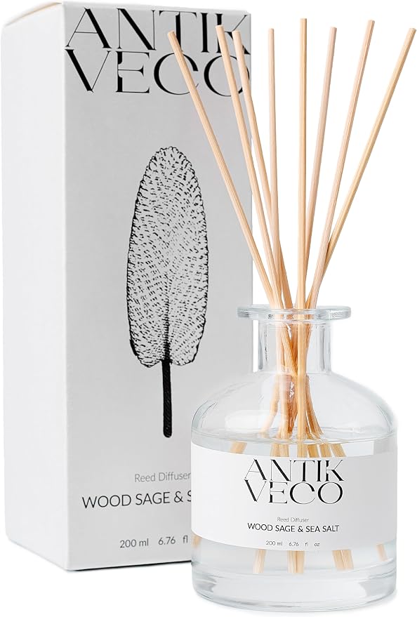 Wood Sage & Sea Salt Reed Diffuser Set – Oceanic Aromatherapy for Home – Glass Bottle 6.7fl oz + 8 Rattan Reeds – Calming Coastal Scent with Lavender & Sage – Long-Lasting (Up to 90Days)