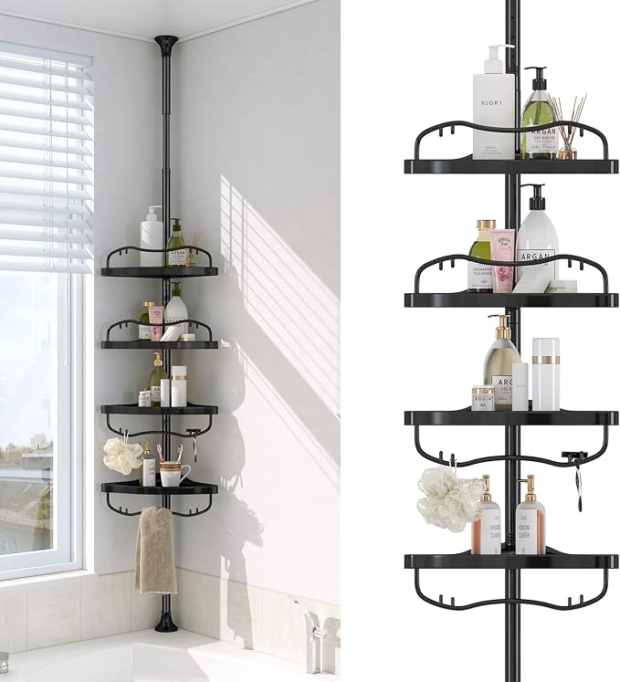 Corner Shower Caddy Tension Pole - Heavy Duty Floor to Ceiling Shower Organizer Tension Pole with 4 Shelves,54"-114” Adjustable Rustproof Stand Rack for Bathtub,Bathroom,Dorm,RV - Black