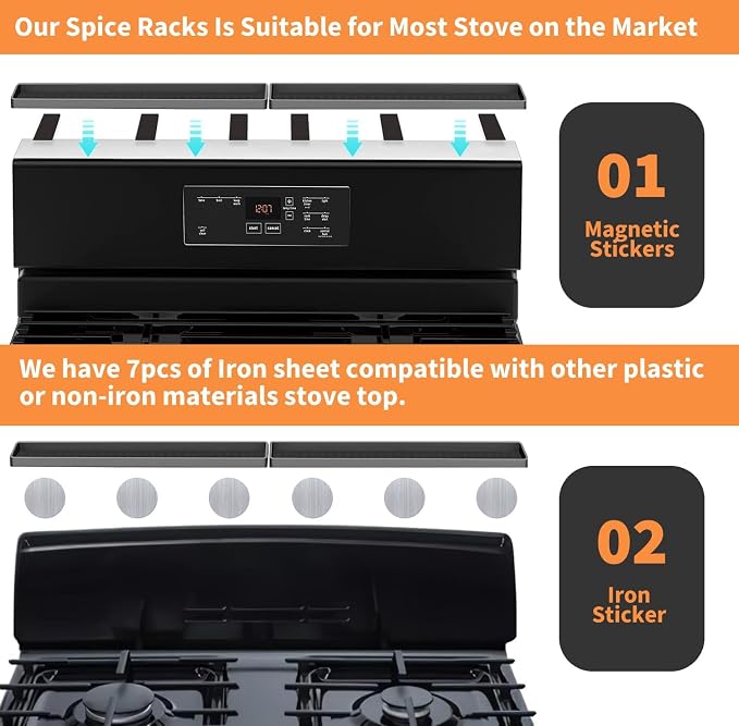 BFONS 30" Magnetic Stove Top Shelf Spice Rack Storage, Silicone Top Heat Material Stove Rack Shelf Flexible Seasoning Organizer Kitchen Shelves Gadgets with 2 Functional Prtitions for Kitchen （Grey）