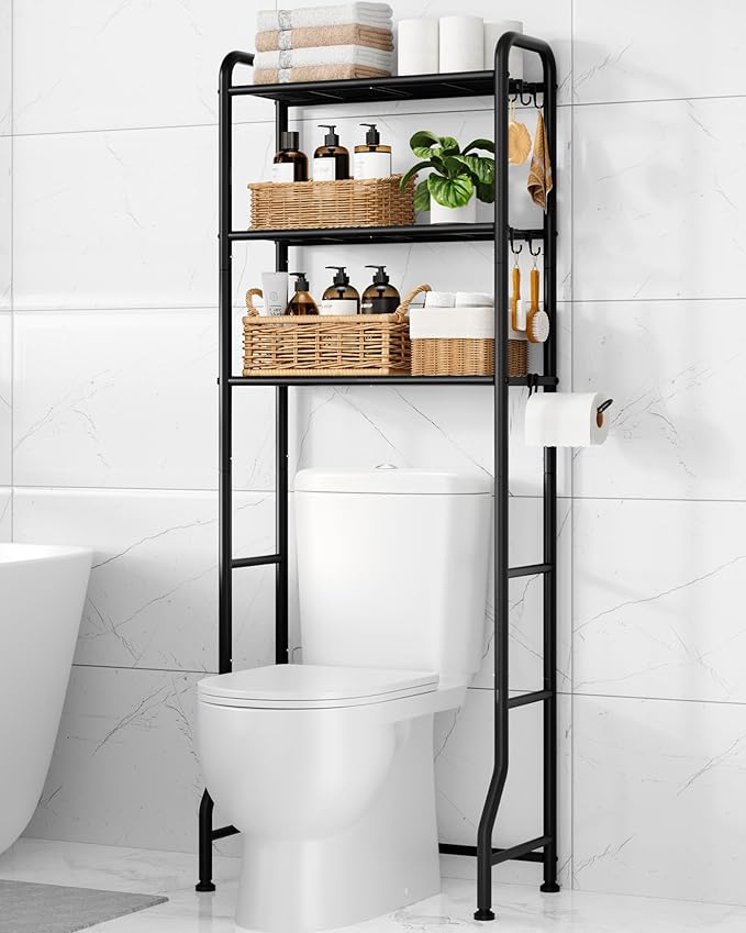 Kitsure Over Toilet Storage Rack - Metal Over Toilet Bathroom Organizer Shelf, Over the Toilet Storage Cabinet with Paper Holder and Hooks, Bathroom Cabinet for Laundry, Black, 3 Tiers (63.2" H)