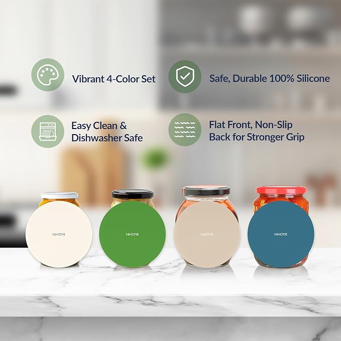 NIHOME Silicone Jar Opener – 6 Inch Large Anti-Slip Grip Pads, Premium 100% Food-Grade Silicone, Stylish Designer Colors, Multi-Purpose Heat-Resistant Mat & Coaster, Set of 4 (Forest Color Palette)
