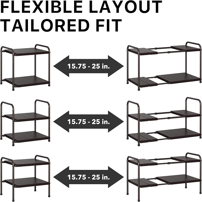 Simple Houseware Under Sink 2-Tier Heavy Duty Expandable Rack Organizer, Adjustable Width 15.75–25 Inches with 4 Shelf Height Levels, Bronze