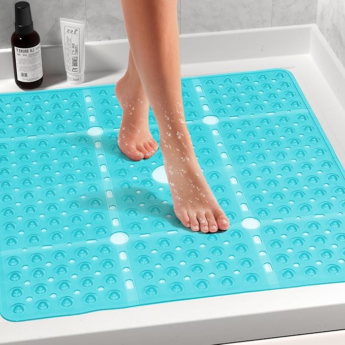 Large Square Shower Mat 27 x 27 Inch Clear Green, Non Slip Shower Bathtub Mats for Inside Shower with Big Suction Cups Drain Holes, Anti Slip Bathroom Floor Stall Mats, Easy Clean, BPA-Free