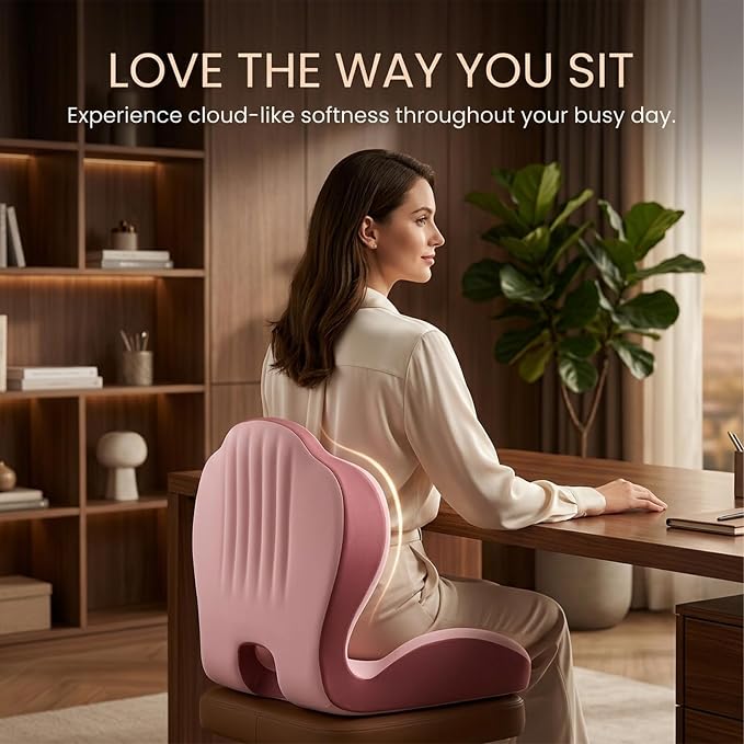 SakerPlus Ergonomic Seat Cushion Ergonomic Memory Foam Seat Cushion, L-Shaped Office Chair Cushion & Car Seat Cushion for Long Sitting, Lower Back Support Pillow for Office, Home, Driving (Pink)