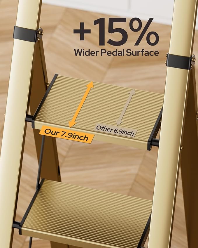 5 Step Ladder for 10 Feet High Ceiling, Lightweight Aluminum Folding Step Stool with Convenient Handgrip, Stepladders with Anti-Slip and Wide Pedal for Home Use Space Saving - Gold