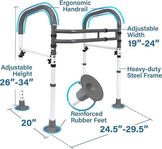 Vaunn Medical Adjustable Toilet Safety Rail for Seniors, Foldable Toilet Safety Frame for Elderly Adults, Bathroom Grab Bar Handle, Toilet Handle for Elderly & Disabled, Free-Standing (Gray)