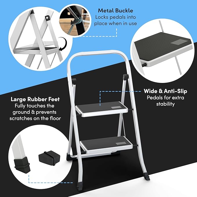 2-Step Ladder with Wide Anti-Slip Platform & Thick Rubber Feet | Heavy Duty Foldable & Portable | 330 lbs Capacity, Steel Frame, Rubber Handgrip, Folding Step Stool