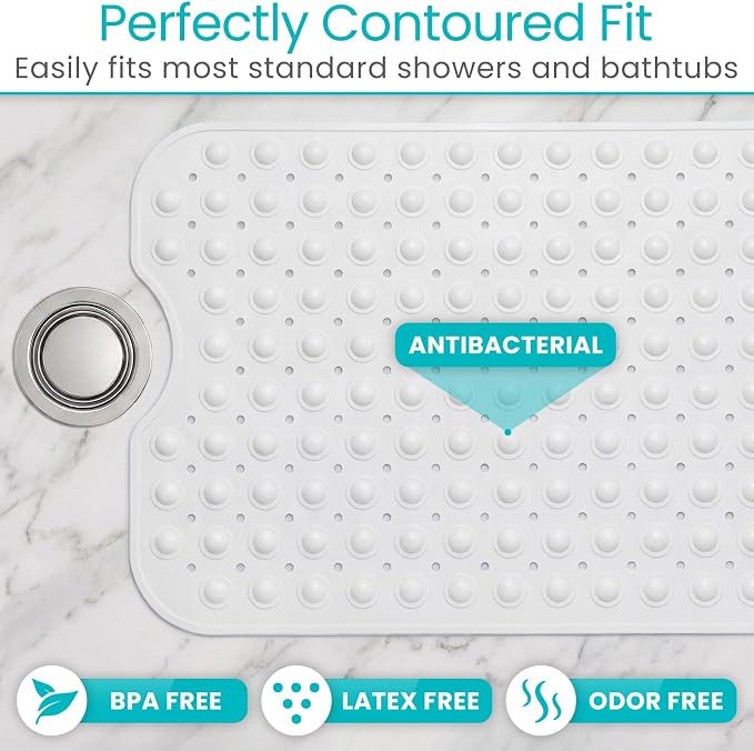 Vive Bathtub Mat for Bath & Shower Floors - Anti Non Slip Suction Rubber Skid Pad for Tub, Bathroom, Elderly, Kids - Eco-Friendly, Resistant Strong, Textured Rectangle Grip - Machine Washable (Clear)