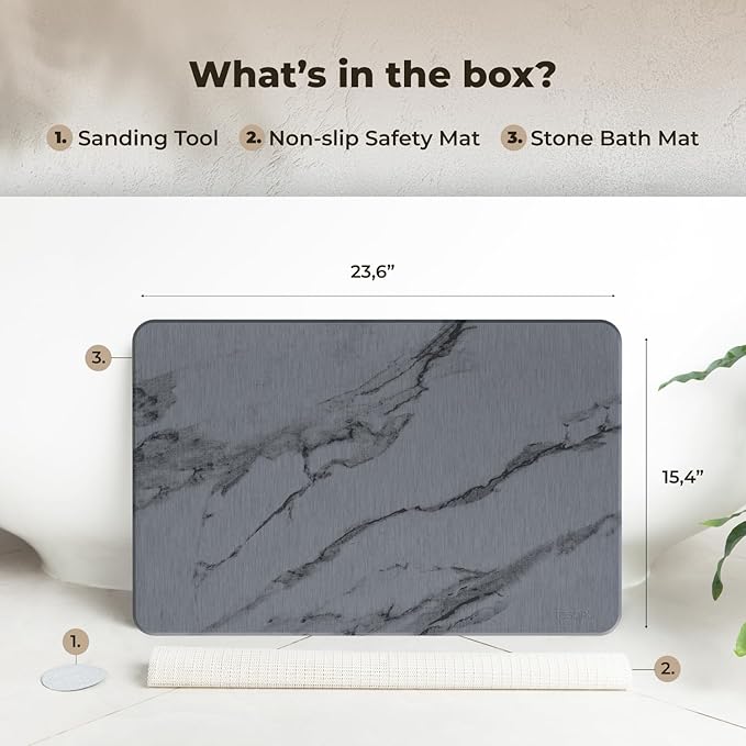TOSORO - Stone Bath Mat Diatomaceous Earth Shower Mat Non-Slip Super Absorbent Diatomite Stone Bath Mats for Bathroom Floor Quick Drying Natural Easy to Clean (23.5 x 15) - Graphite