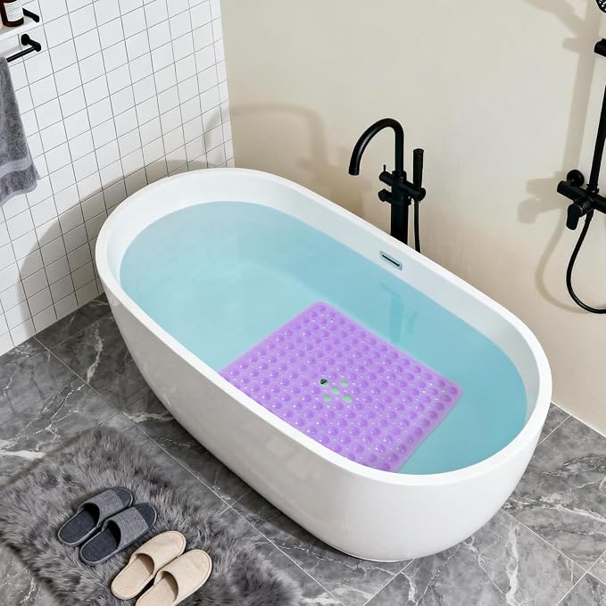 Anti-Slip Bathtub Shower mat, 21×21（ 53×53cm） inch Soft Oversized Machine Washable Non-Slip Bathtub mat with Drainage Holes, Bathroom Floor Suction Cup.（1- Clear Purple）