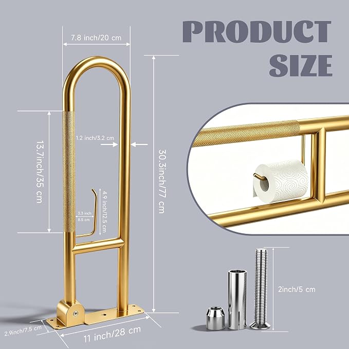 30.3 Inch Toilet Grab Bar, HUAS Gold Anti Slip Bathroom Toilet Safety Rails, U Shaped Flip-Up Handicap Grab Bars w/Paper Holder, Stainless Steel Support Handrail for Elderly Disabled Senior