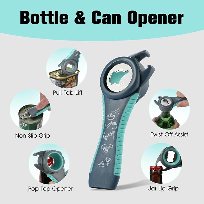 Jar Opener Bottle Opener, 5-in-1 Multi-Function Can Opener with Ergonomic Non-Slip Handle, Kitchen Tool Set for Weak Hands, Seniors with Arthritis, Blue