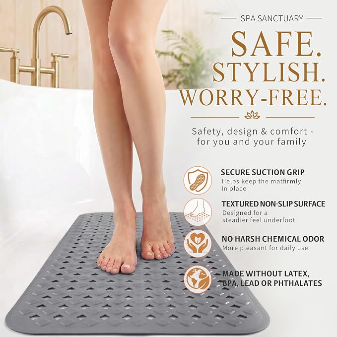 Yimobra Bathtub Mat Non Slip, Super Strong Suction Cups, 28"X16" Long Shower Mat with Drain Holes, Machine Washable Fast Draining Bath Mats, Bathroom Essentials,Gray