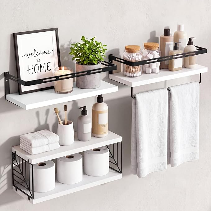Fixwal Wall Mounted Bathroom Shelves Over Toilet, Rustic Wood Floating Shelves with Metal Frame and Towel Bar for Bathroom, Kitchen, Bedroom, Living Room (3 Plus 1 White)