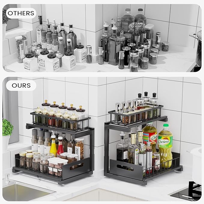 Under Sink Organizer, Heavy Duty Metal Pull Out Cabinet Organizer Slide Out Sink Shelf Organizer Height Adjustable, Multi-Purpose Storage Shelf for Kitchen Bathroom(Black,2Pack)