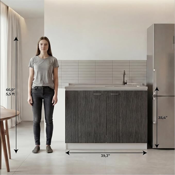 Tuhome Napoles Utility Sink Base Cabinet with Integrated Stainless Steel Countertop, Freestanding Cabinet with Double Doors, Interior Shelf for Laundry Room, Utility Room, Mudroom or Kitchen