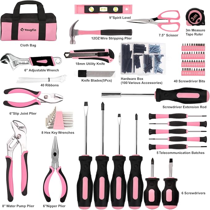 Pink Tool Set, 215 Pcs Home Repairing Tools Kit For Girls & Women With Portable Bags, Includes All Essential for Household, Garage, Office and College Dormitory Use, Pink & Black