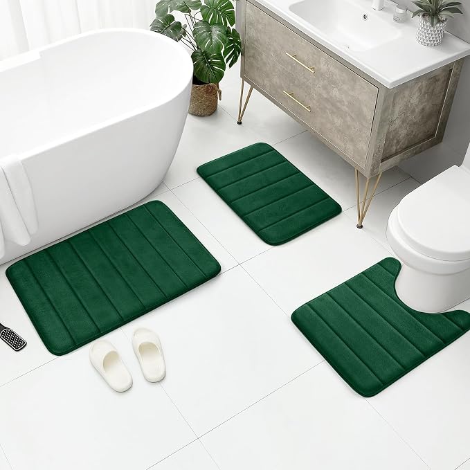 BYSURE Dark Green Memory Foam Bathroom Rug Set 3 Piece, Non Slip Extra Soft Absorbent Machine Washable Toilet Bath Toilet Mat (17"x24"+20"x32"+U Shape 20"x24")
